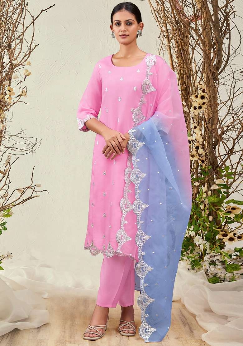 Pink Embroidered Blended Straight Kurta Set - Indya