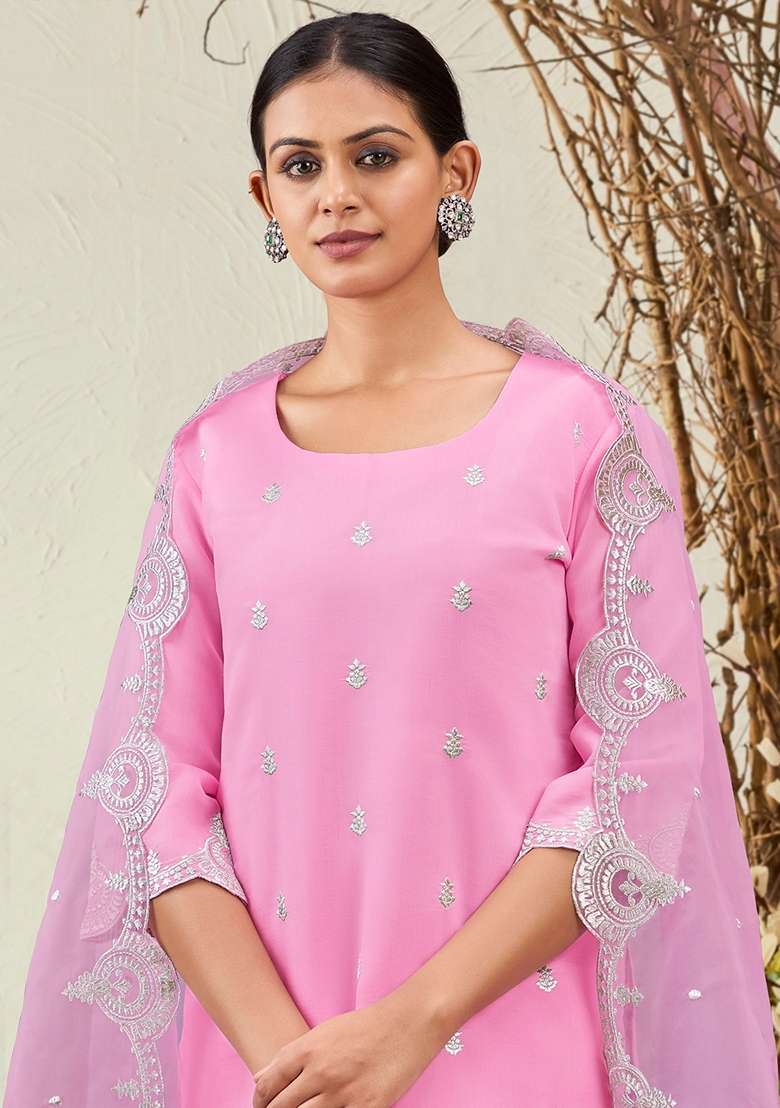 Pink Embroidered Blended Straight Kurta Set - Indya