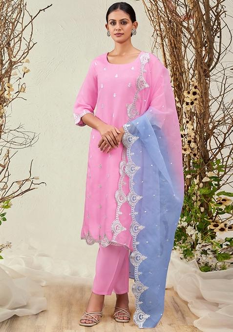 Pink Embroidered Silk Blend Salwar Kameez With Dupatta