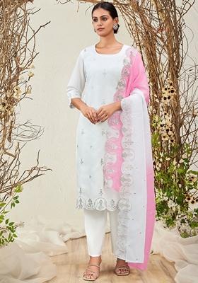 White Embroidered Silk Blend Salwar Kameez With Dupatta