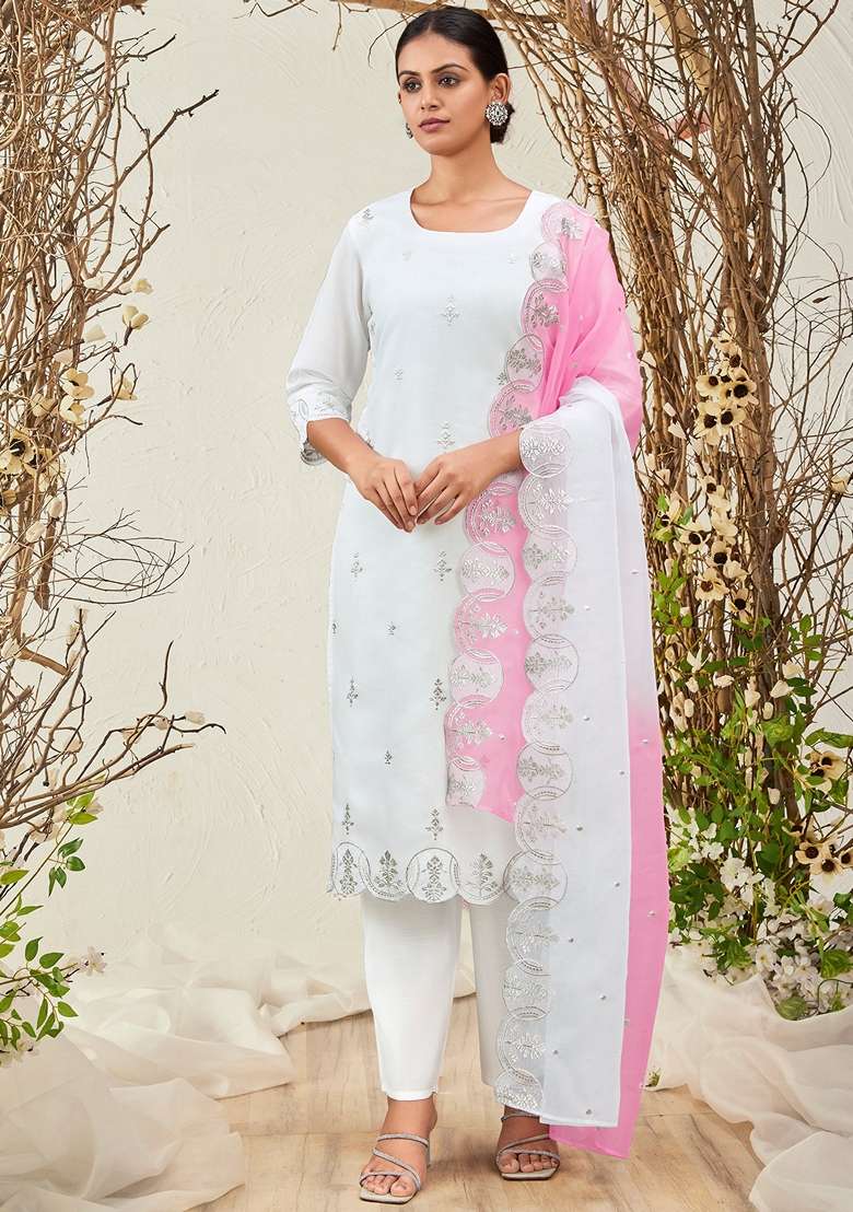 White Embroidered Blended Straight Kurta Set - Indya