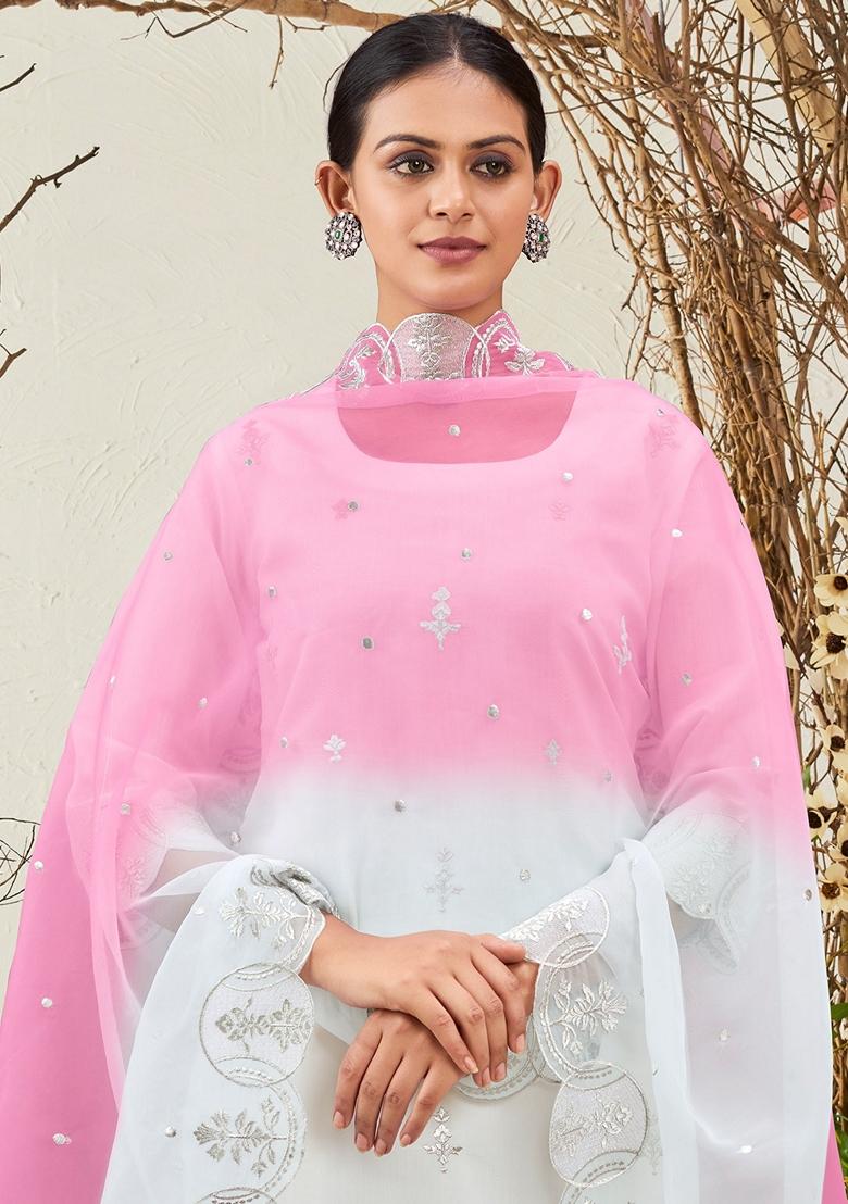 White Embroidered Silk Blend Salwar Kameez With Dupatta