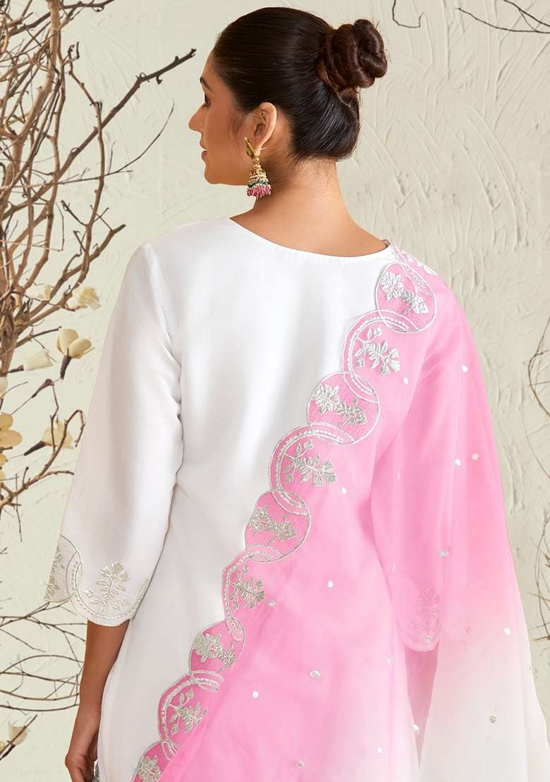 White Embroidered Blended Straight Kurta Set - Indya