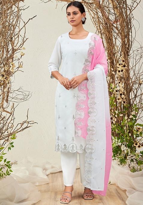 White Embroidered Silk Blend Salwar Kameez With Dupatta