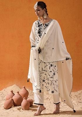 White Embroidered Silk Blend Salwar Kameez With Dupatta