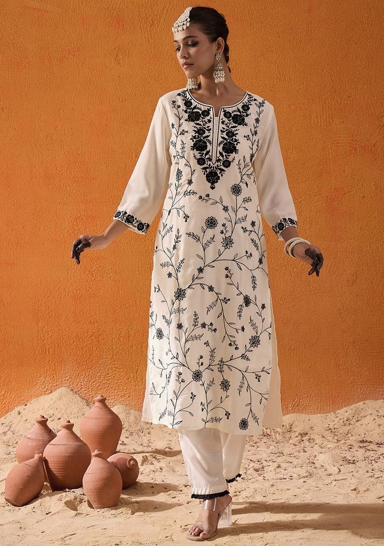 White Embroidered Silk Blend Salwar Kameez With Dupatta