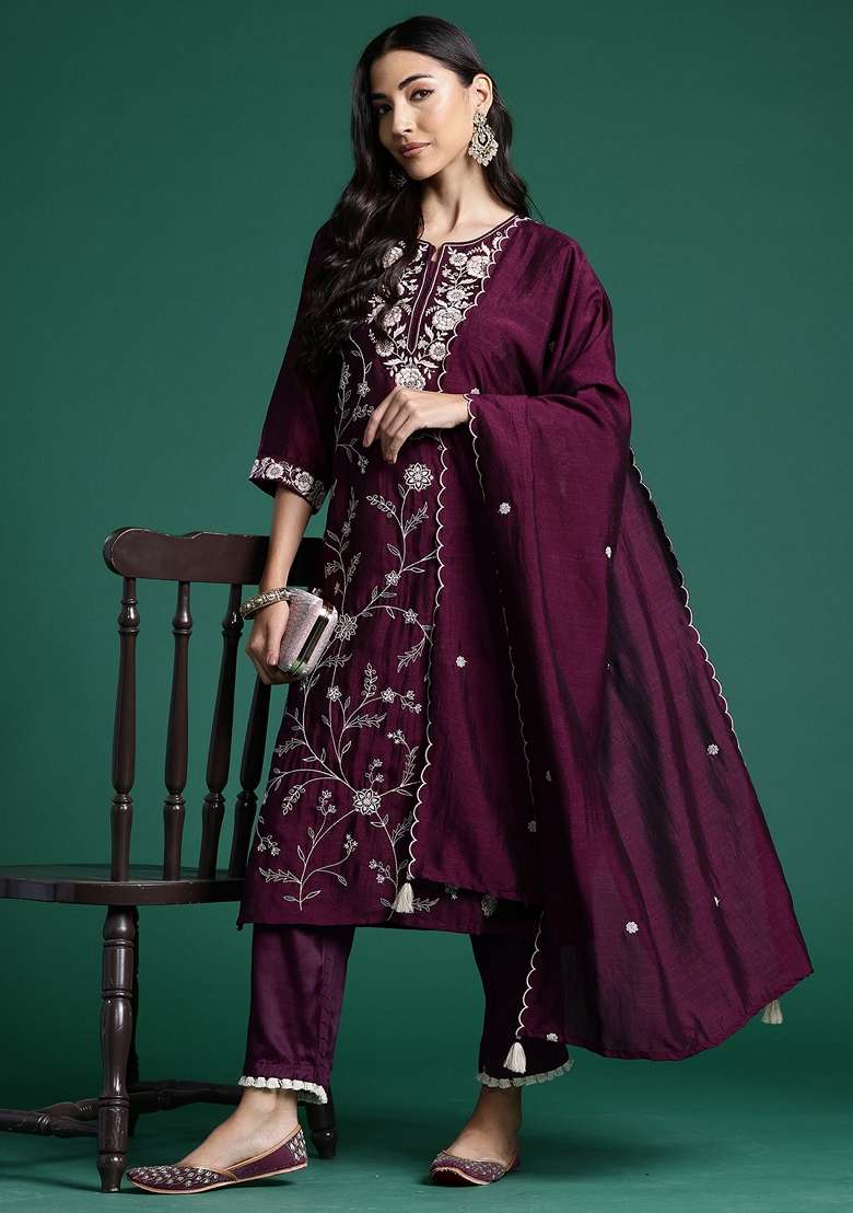Burgundy Embroidered Silk Blend Salwar Kameez With Dupatta - Indya