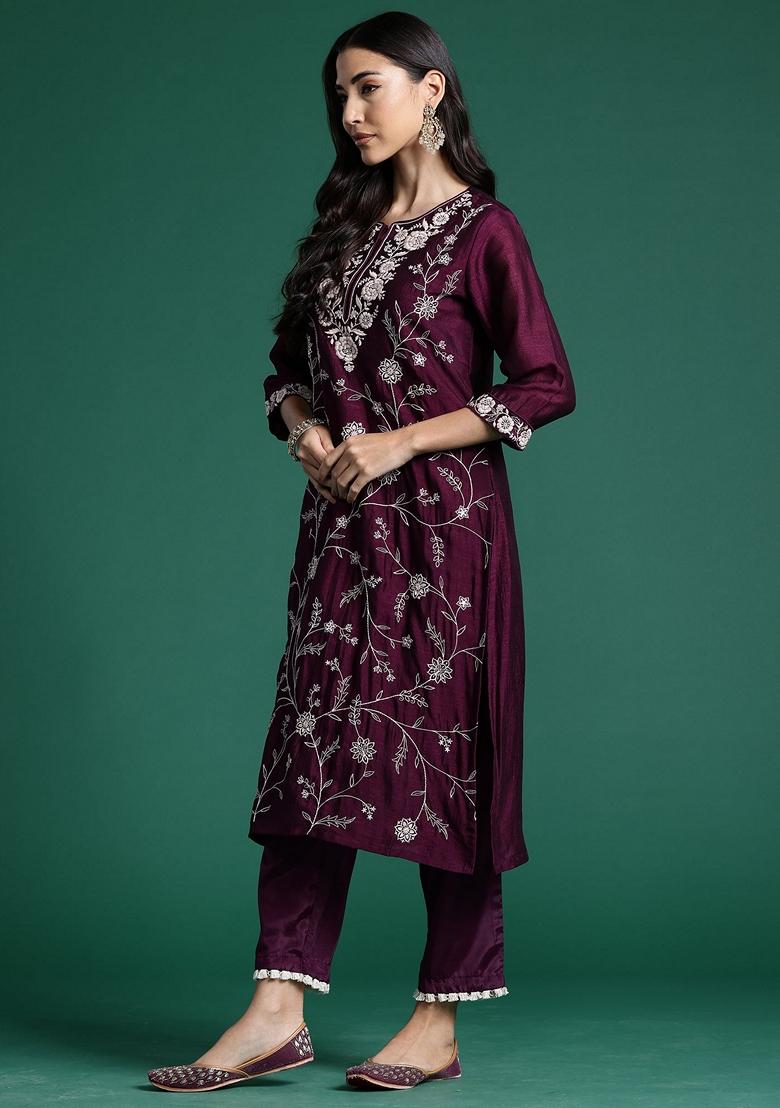 Burgundy Embroidered Silk Blend Salwar Kameez With Dupatta