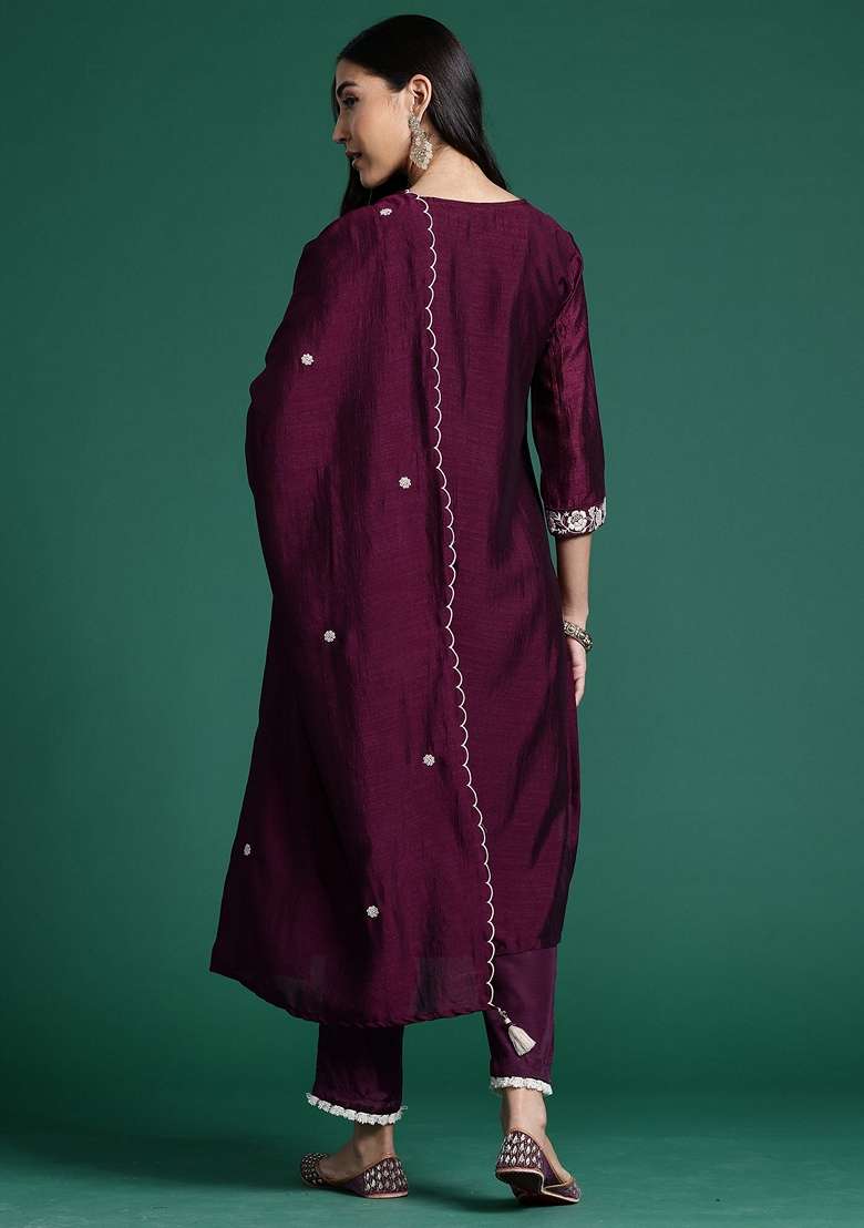 Burgundy Embroidered Silk Blend Salwar Kameez With Dupatta - Indya