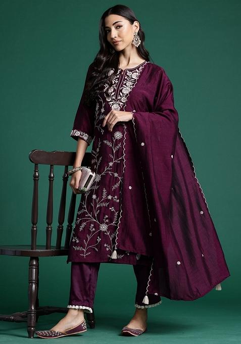 Burgundy Embroidered Silk Blend Salwar Kameez With Dupatta