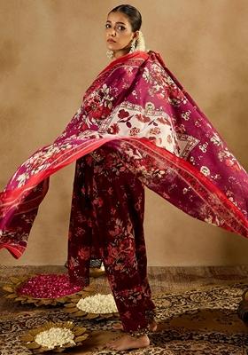 Burgundy Printed Pure Cotton Salwar Kameez With Dupatta