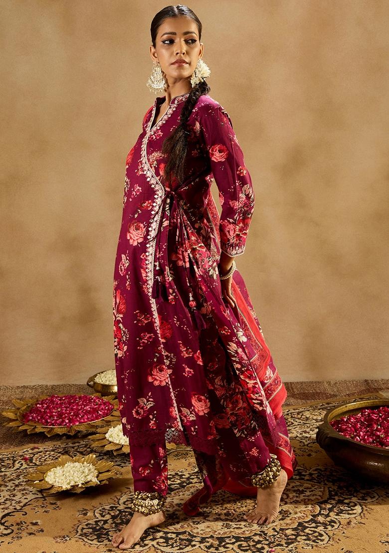 Burgundy Printed Pure Cotton Salwar Kameez With Dupatta