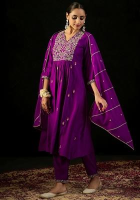 Purple Embroidered Liva Salwar Kameez With Dupatta