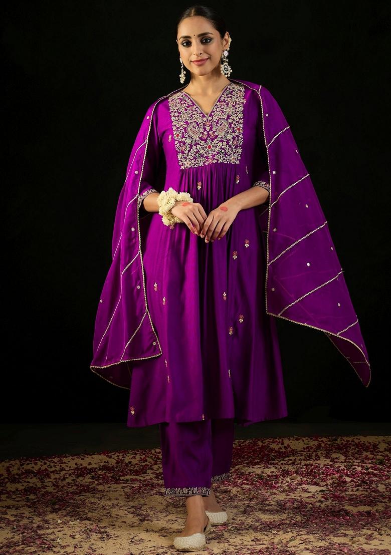 Purple Embroidered Liva Salwar Kameez With Dupatta