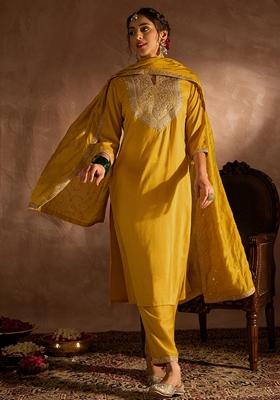 Yellow Embroidered Chinnon Salwar Kameez With Dupatta