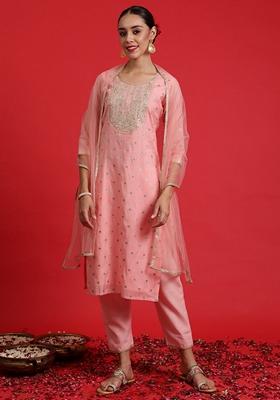 Pink Embroidered Chanderi Salwar Kameez With Dupatta