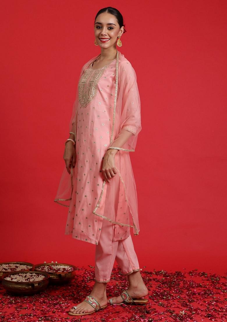 Pink Embroidered Chanderi Salwar Kameez With Dupatta