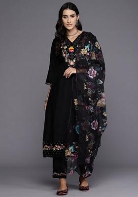 Black Embroidered Silk Blend Salwar Kameez With Dupatta