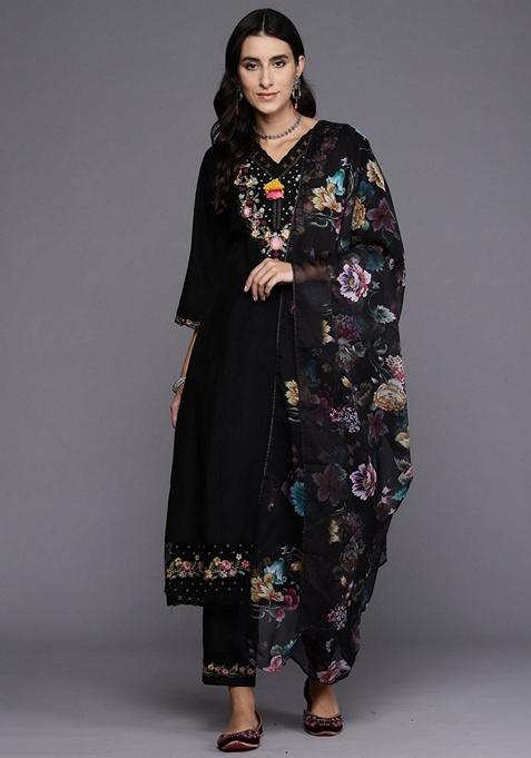 Black Embroidered Silk Blend Salwar Kameez With Dupatta