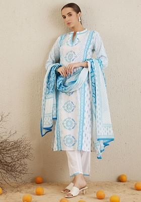 Off White Printed Pure Cotton Salwar Kameez With Dupatta