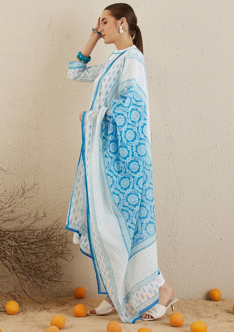 Off White Printed Pure Cotton Salwar Kameez With Dupatta