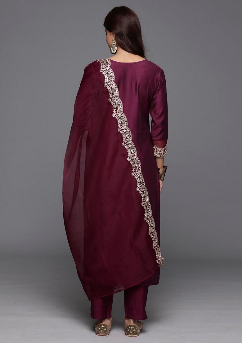 Purple Embroidered Liva Salwar Kameez With Dupatta