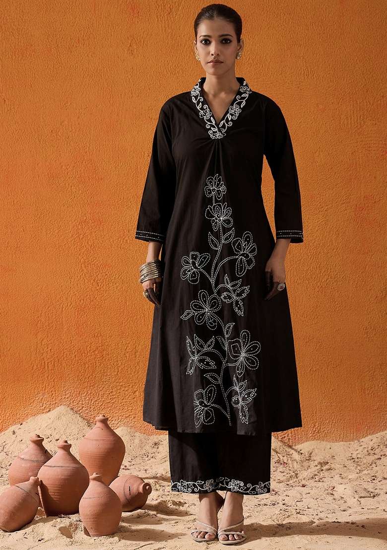 Black Embroidered Cotton A Line Kurta Set - Indya