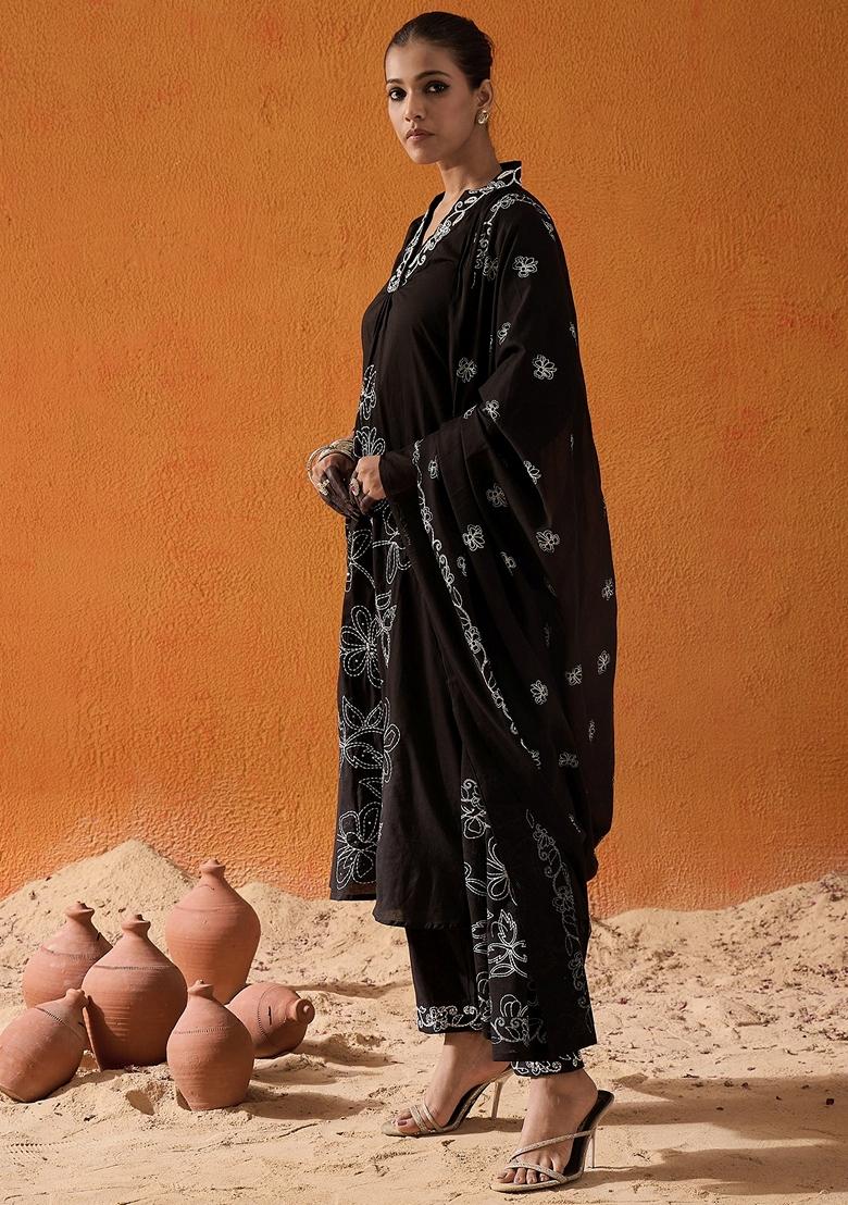 Black Embroidered Pure Cotton Salwar Kameez With Dupatta