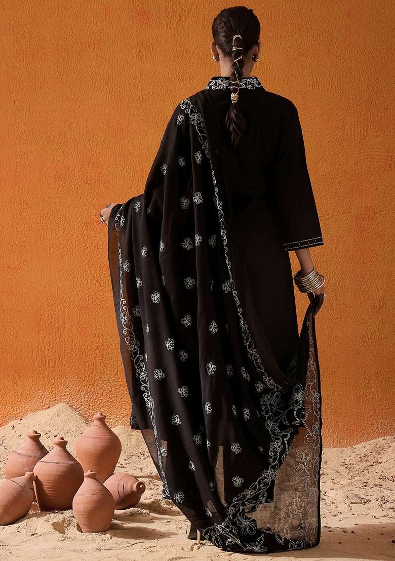 Black Embroidered Cotton A Line Kurta Set - Indya