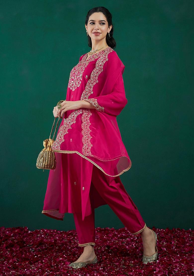 Pink Embroidered Liva Salwar Kameez With Dupatta
