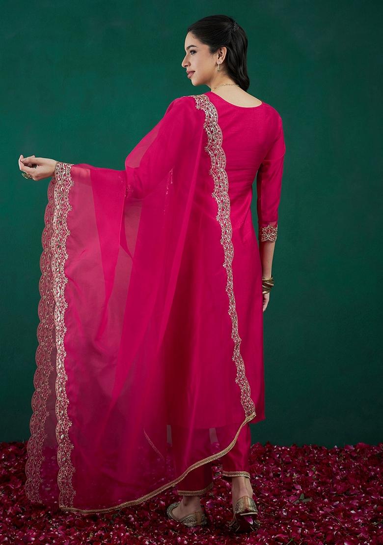 Pink Embroidered Liva Salwar Kameez With Dupatta
