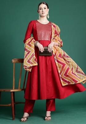 Red Embroidered Liva Salwar Kameez With Dupatta