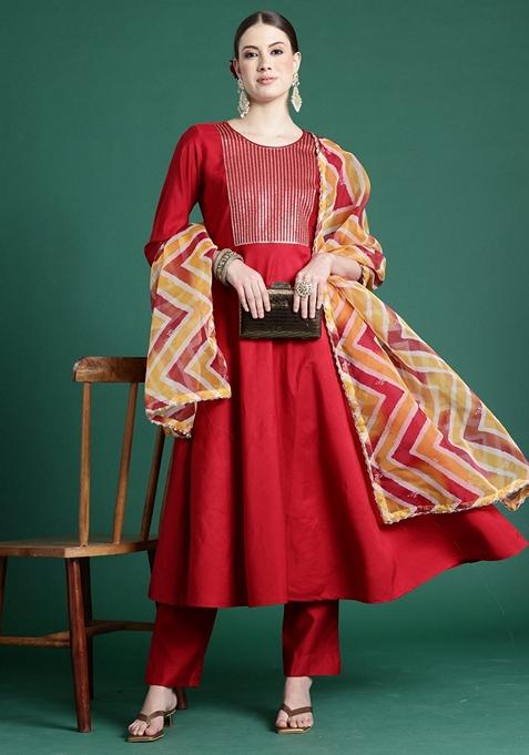 Red Embroidered Liva Salwar Kameez With Dupatta