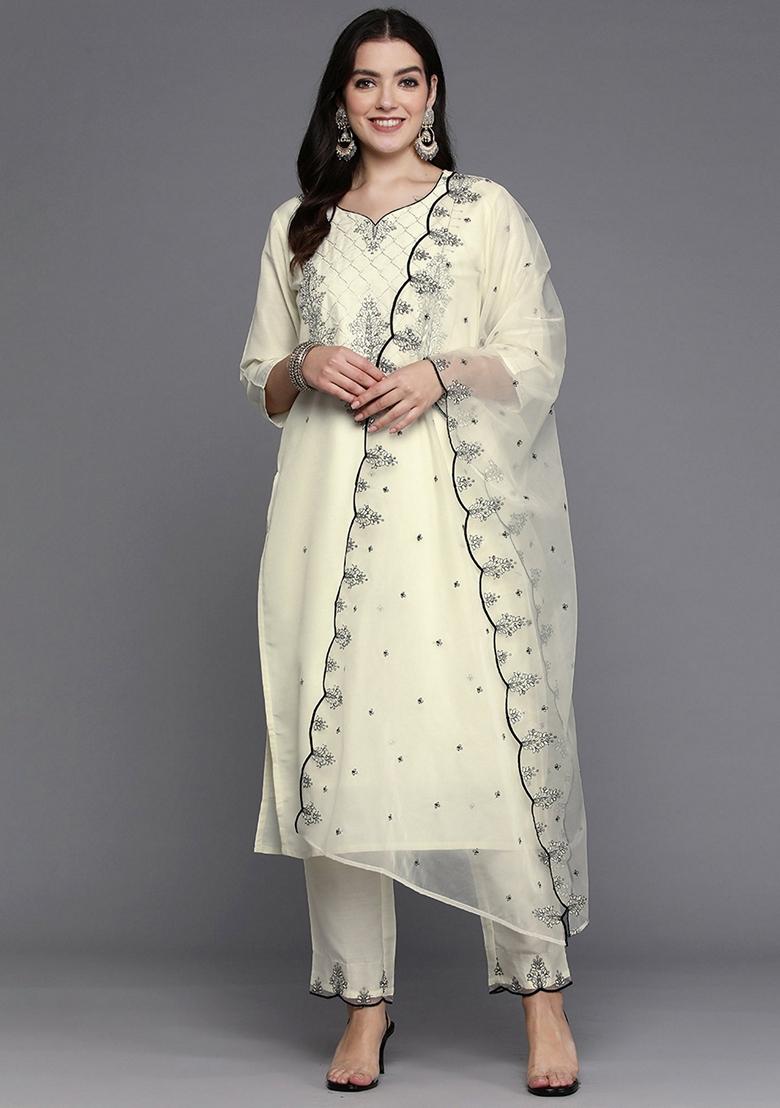 Off White Embroidered Silk Blend Salwar Kameez With Dupatta