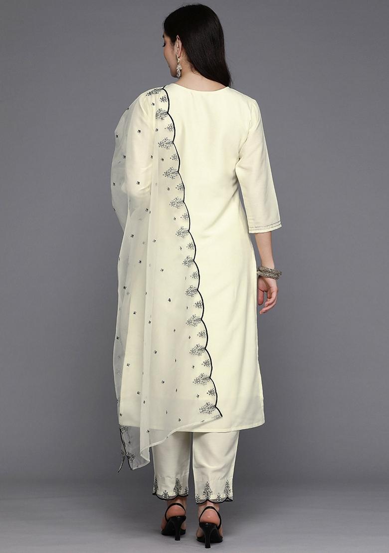 Off White Embroidered Silk Blend Salwar Kameez With Dupatta