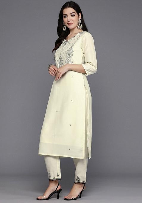 Off White Embroidered Silk Blend Salwar Kameez With Dupatta