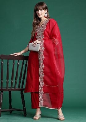 Red Embroidered Liva Salwar Kameez With Dupatta