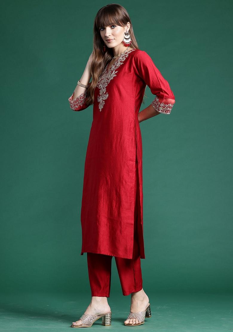 Red Embroidered Liva Salwar Kameez With Dupatta