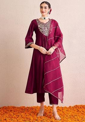 Burgundy Embroidered Liva Palazzo Set With Dupatta