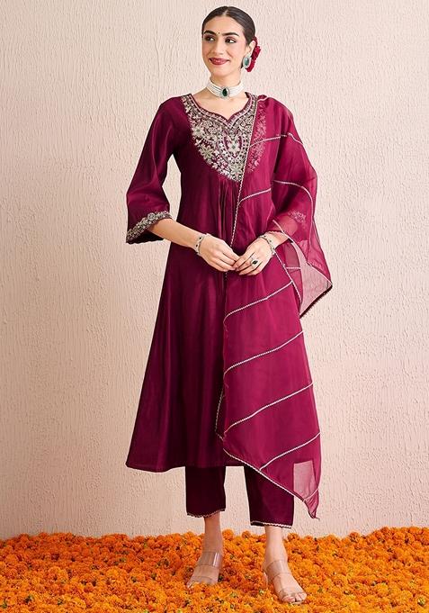Burgundy Embroidered Liva Palazzo Set With Dupatta