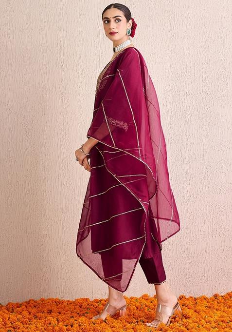 Burgundy Embroidered Liva Palazzo Set With Dupatta