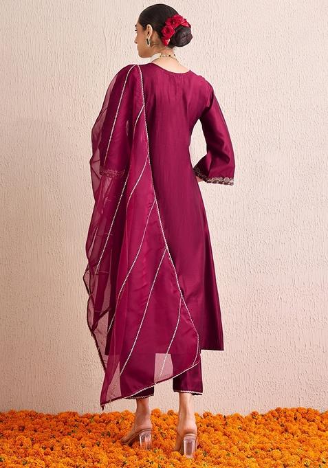 Burgundy Embroidered Liva Palazzo Set With Dupatta