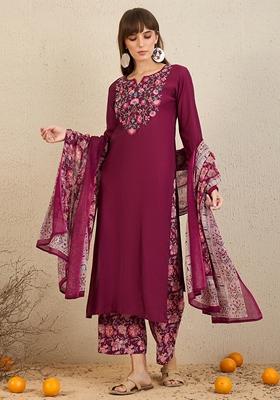 Burgundy Embroidered Cotton Blend Palazzo Set With Dupatta