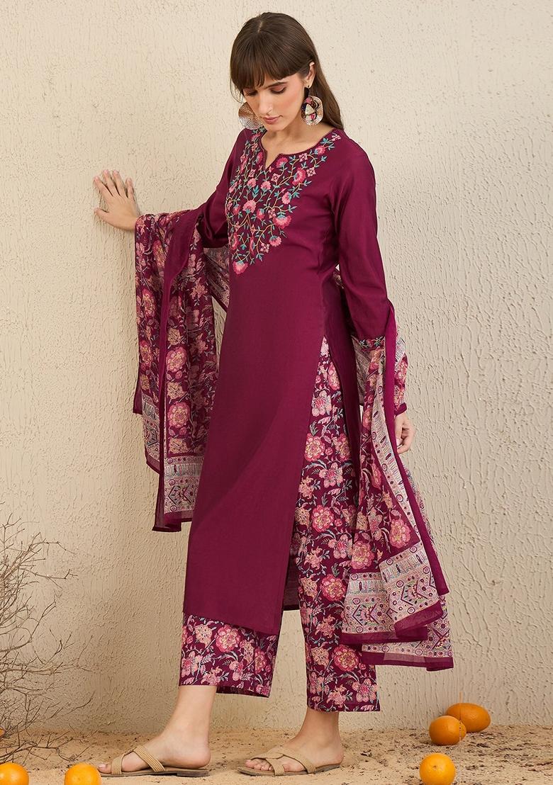 Burgundy Embroidered Cotton Blend Palazzo Set With Dupatta