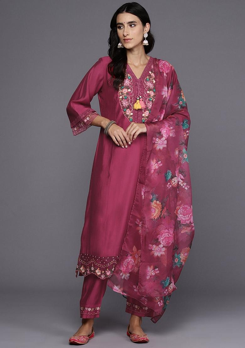 Pink Embroidered Silk Blend Salwar Kameez With Dupatta