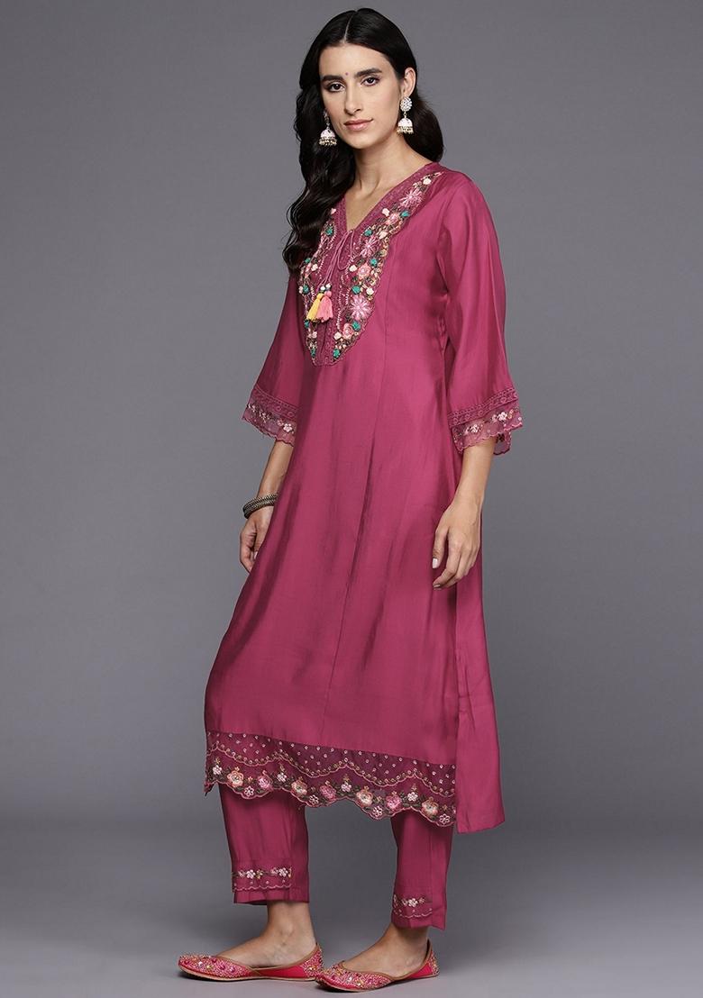 Pink Embroidered Silk Blend Salwar Kameez With Dupatta