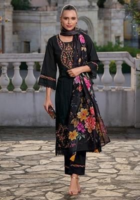 Black Embroidered Pure Cotton Salwar Kameez With Dupatta