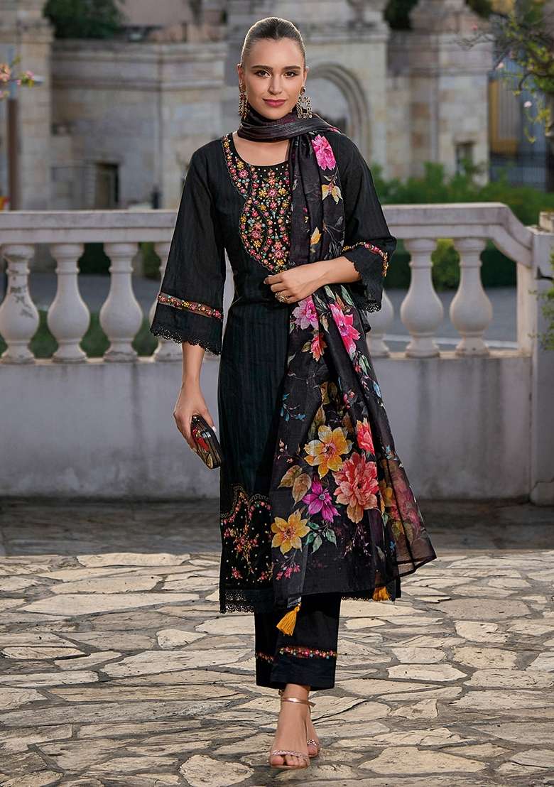 Black Embroidered Cotton Straight Kurta Set - Indya