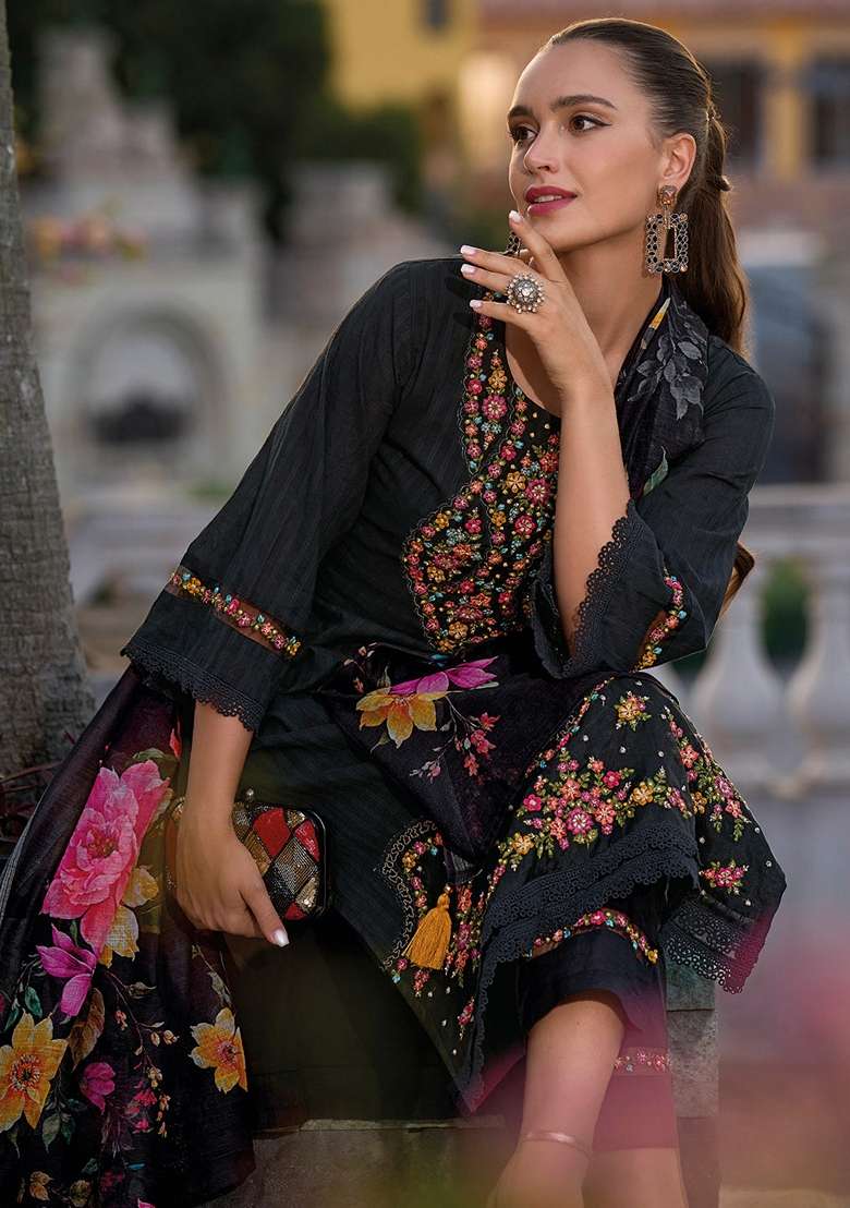 Black Embroidered Cotton Straight Kurta Set - Indya