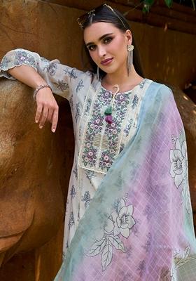 Off White Printed Pure Cotton Salwar Kameez With Dupatta